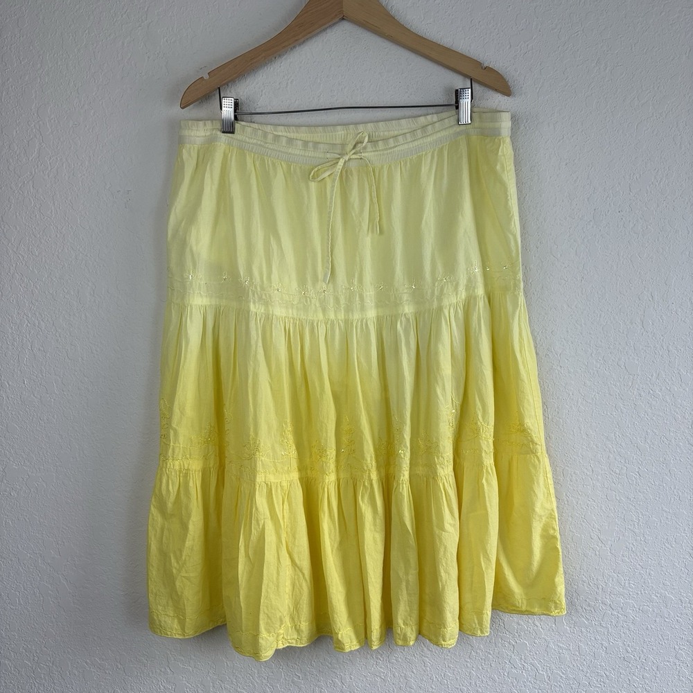 Vtg Pinkapple M Skirt Midi Yellow Tiered Fairy Cottage Festival Boho Cotton 90s